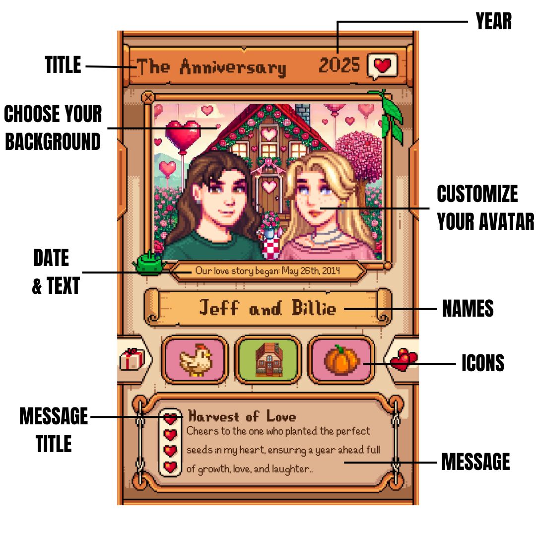 Carta Stardew Valley personalizzata - Regali di coppia personalizzati - Regalo di anniversario - Anniversario di coppia - Regalo per lui e lei - Regalo per giocatori di agricoltura