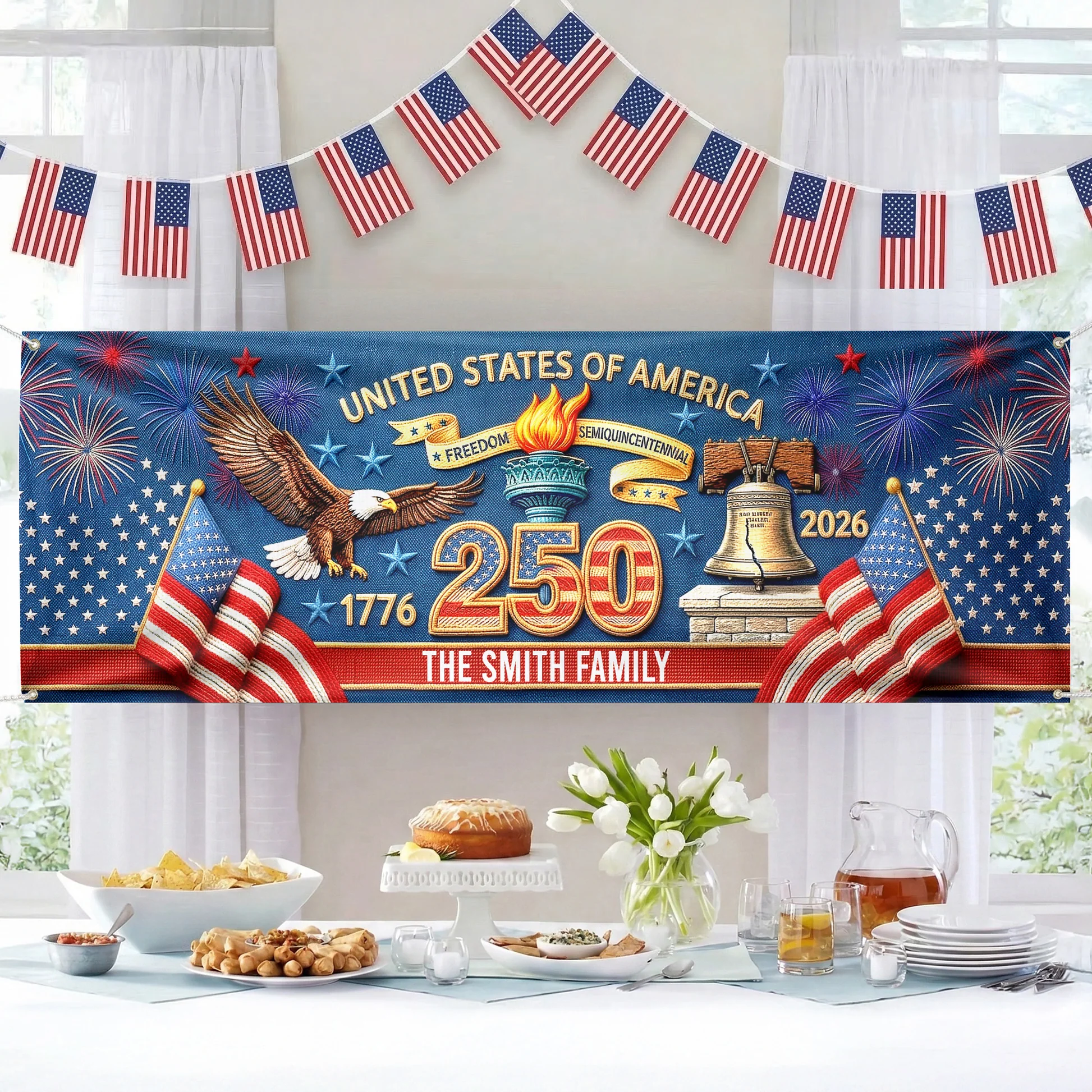 Custom Polyester Outdoor Banner - Personalized America 250th Anniversary Gifts For Mom, Dad, Brother, Sister, Kids - Celebrating Freedom And Family