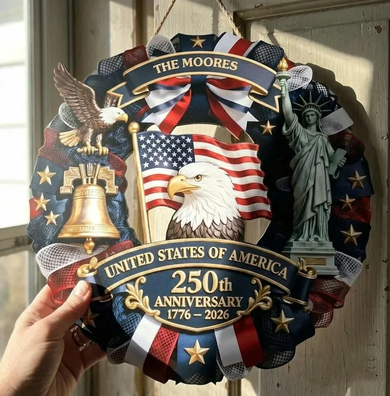 Personalized America 250th Anniversary Wood Wreath 1776-2026 Patriotic Door Sign Semiquincentennial Family Name Decor