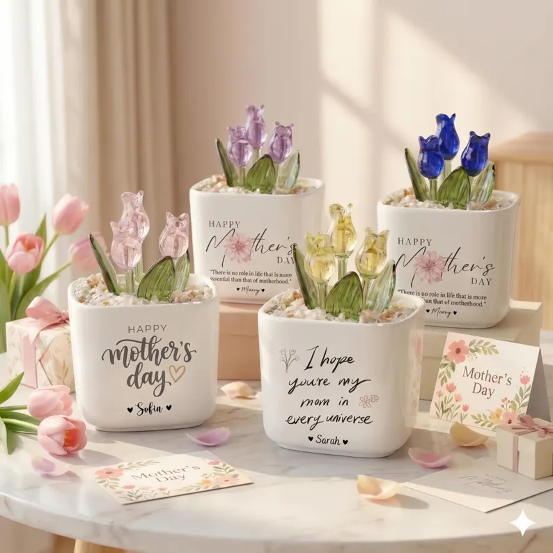 Personalized Tulip Glass Flower Pot, Mother's Day Gift for Mom, Happy Mothers Day Planter, Custom Name Flower Pot, Decorative Glass Tulip