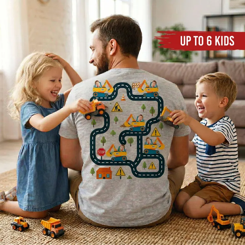 Tired Dads Club Construction Car Track Shirt, Personalized Kid Face Father Day Gift For Dad, Playing Car On Daddy Back, Car Race Track
