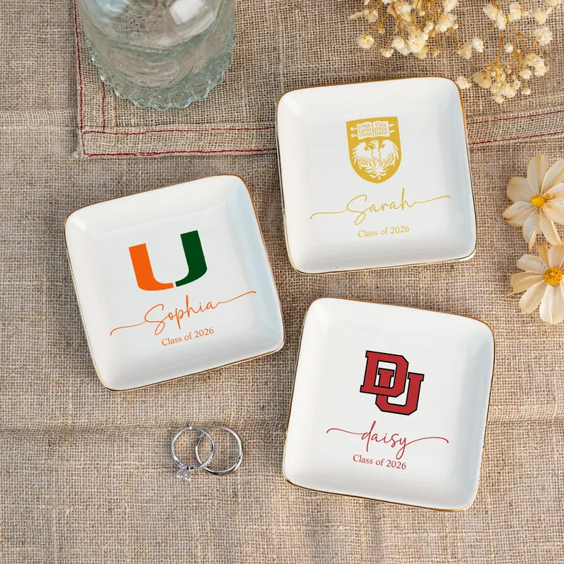 Custom College Logo Trinket Dish, Graduation Jewelry Dish,University Pride Trinket Tray,College Dorm Decor,End of Year Gifts,Alumni Gifts