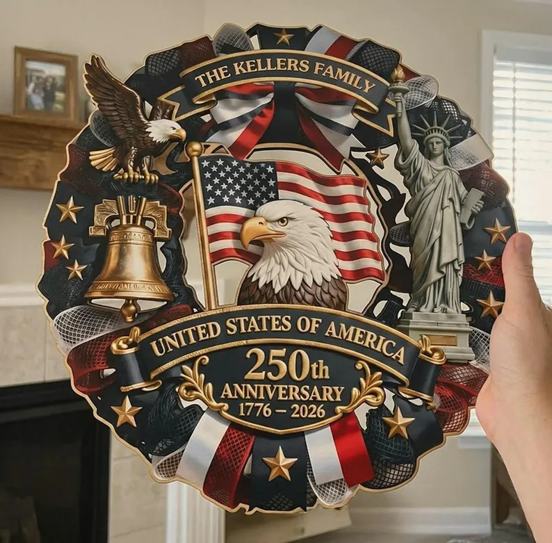 Personalized America 250th Anniversary Wood Wreath 1776-2026 Patriotic Door Sign Semiquincentennial Family Name Decor
