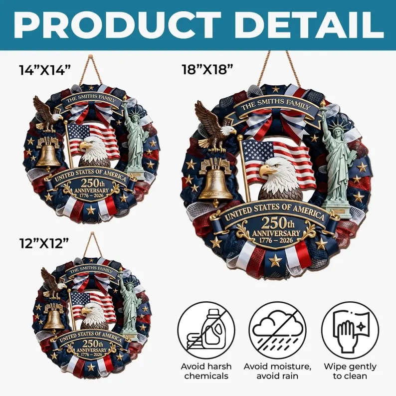 Personalized America 250th Anniversary Wood Wreath 1776-2026 Patriotic Door Sign Semiquincentennial Family Name Decor