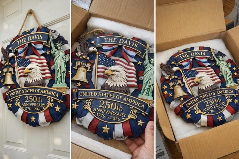 Personalized America 250th Anniversary Wood Wreath 1776-2026 Patriotic Door Sign Semiquincentennial Family Name Decor