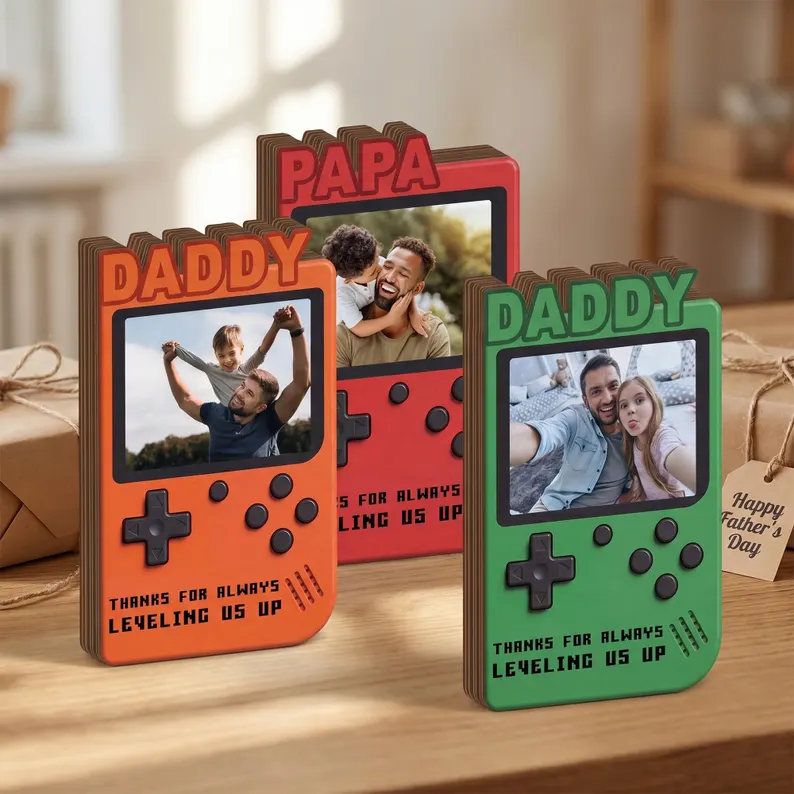 Personalized Fathers Day Gift for Gamer Dad, Custom Photo Dad Frame, Retro Game Console Photo Wooden Block Sign, Game Lover Room Decor