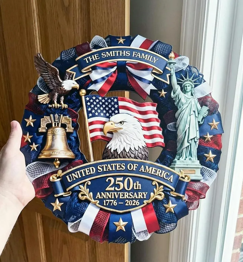 Personalized America 250th Anniversary Wood Wreath 1776-2026 Patriotic Door Sign Semiquincentennial Family Name Decor