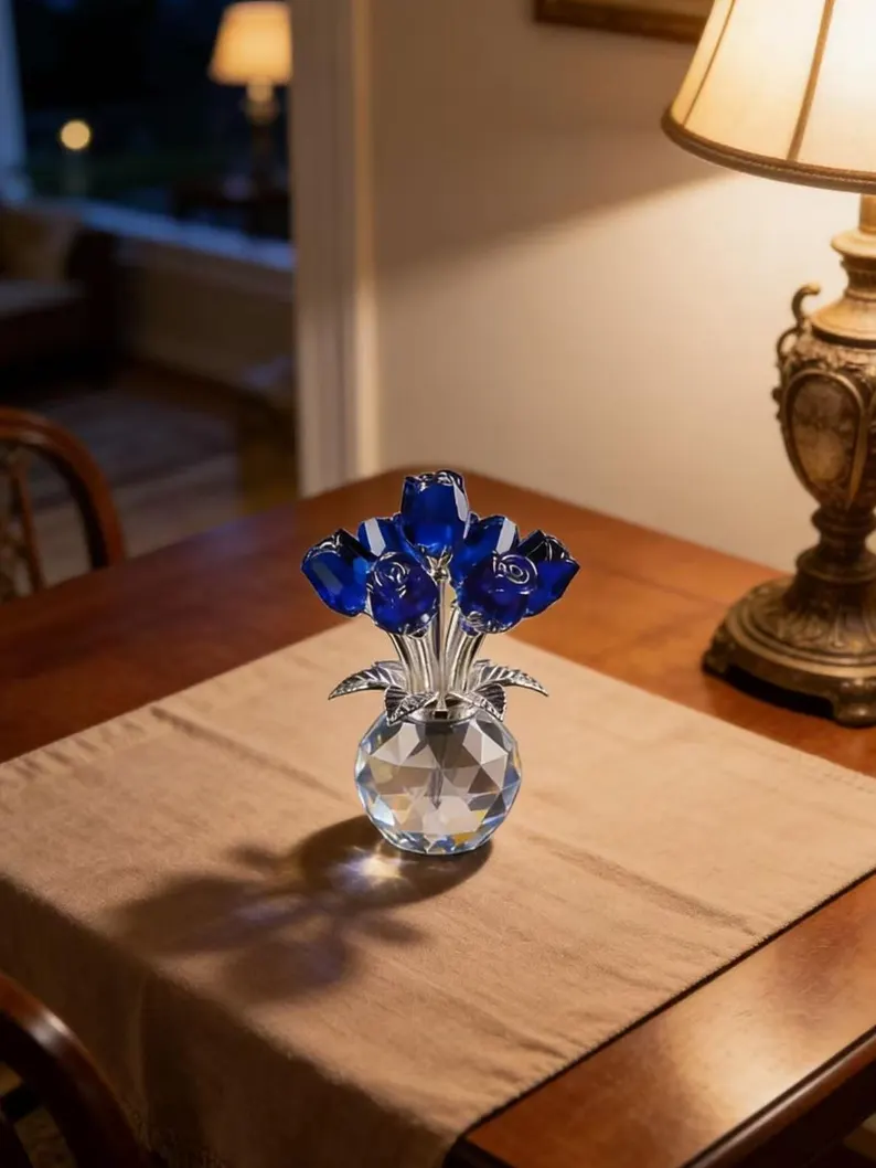 Crystal Rose Flower Ornament, Glass Rose Bouquet, Crystal Decor for Home, Crystal Glass Flower Gift for Mother's Day, anniversary, birthday