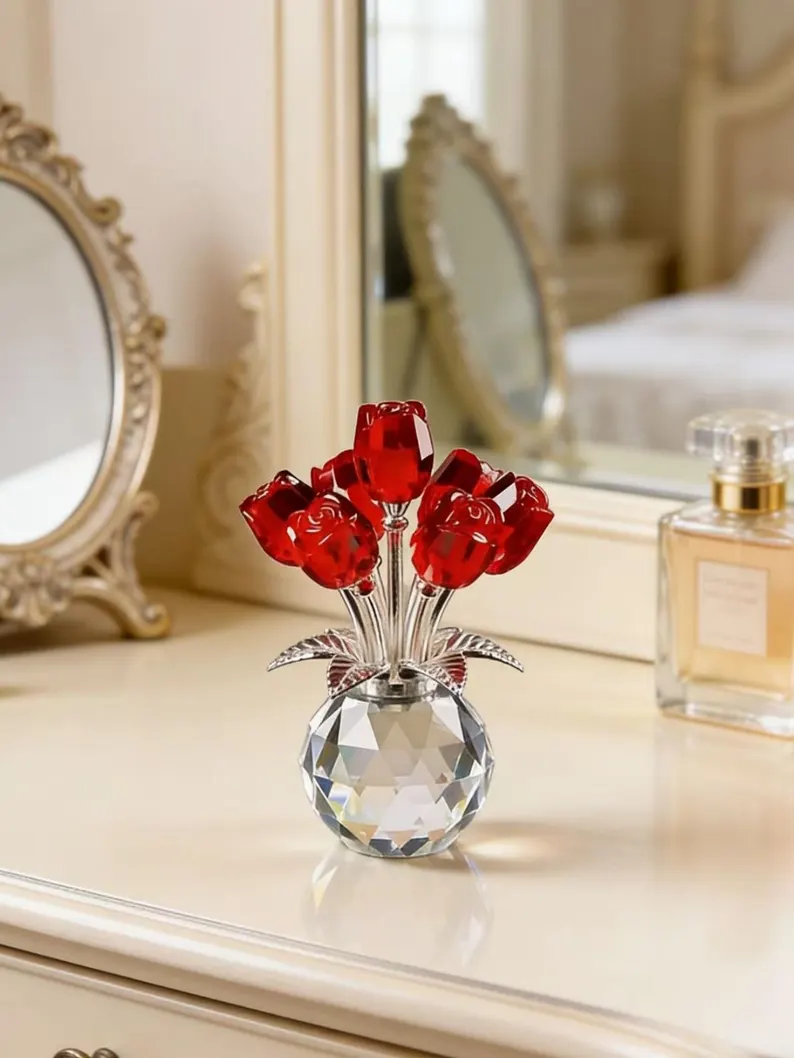 Crystal Rose Flower Ornament, Glass Rose Bouquet, Crystal Decor for Home, Crystal Glass Flower Gift for Mother's Day, anniversary, birthday