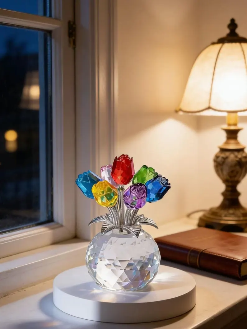 Crystal Rose Flower Ornament, Glass Rose Bouquet, Crystal Decor for Home, Crystal Glass Flower Gift for Mother's Day, anniversary, birthday