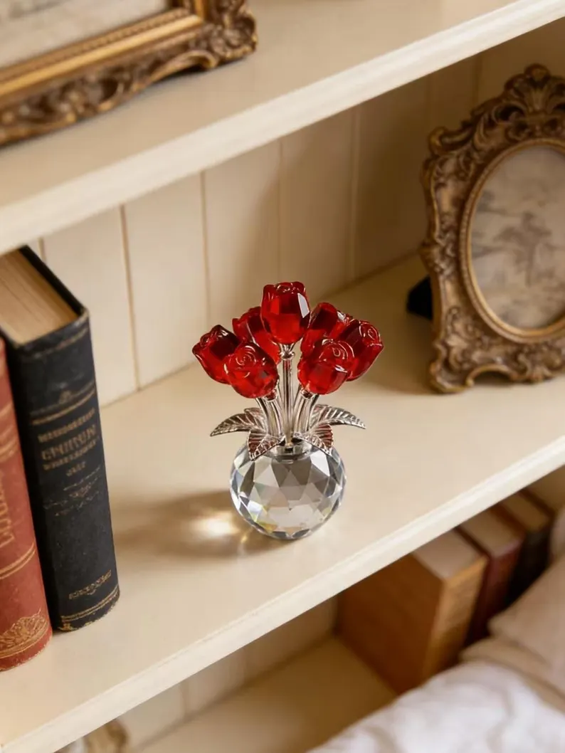Crystal Rose Flower Ornament, Glass Rose Bouquet, Crystal Decor for Home, Crystal Glass Flower Gift for Mother's Day, anniversary, birthday