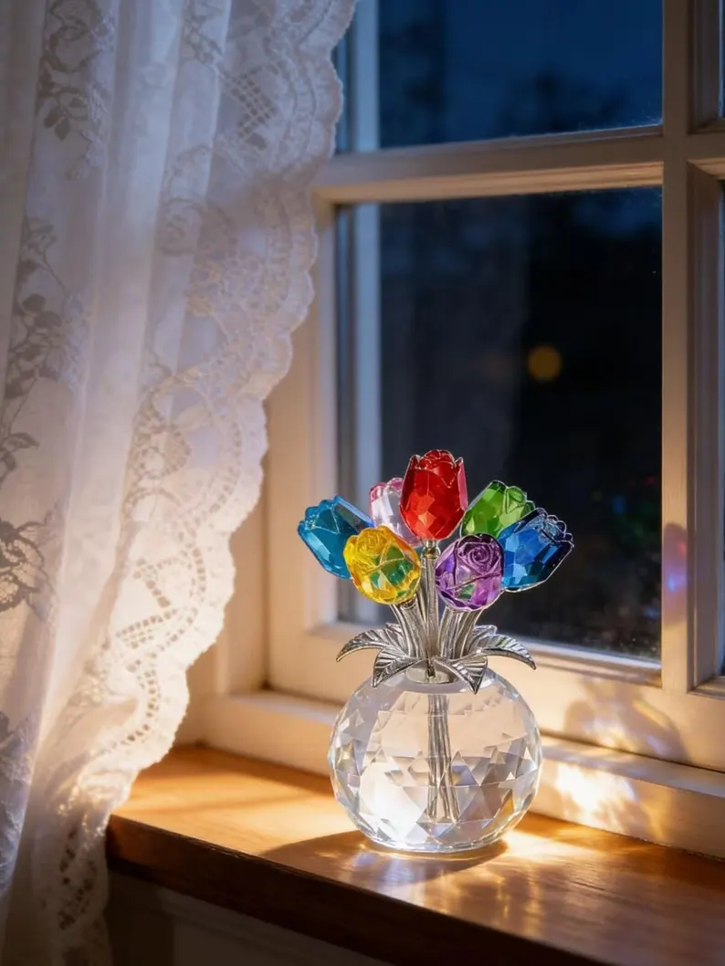 Crystal Rose Flower Ornament, Glass Rose Bouquet, Crystal Decor for Home, Crystal Glass Flower Gift for Mother's Day, anniversary, birthday