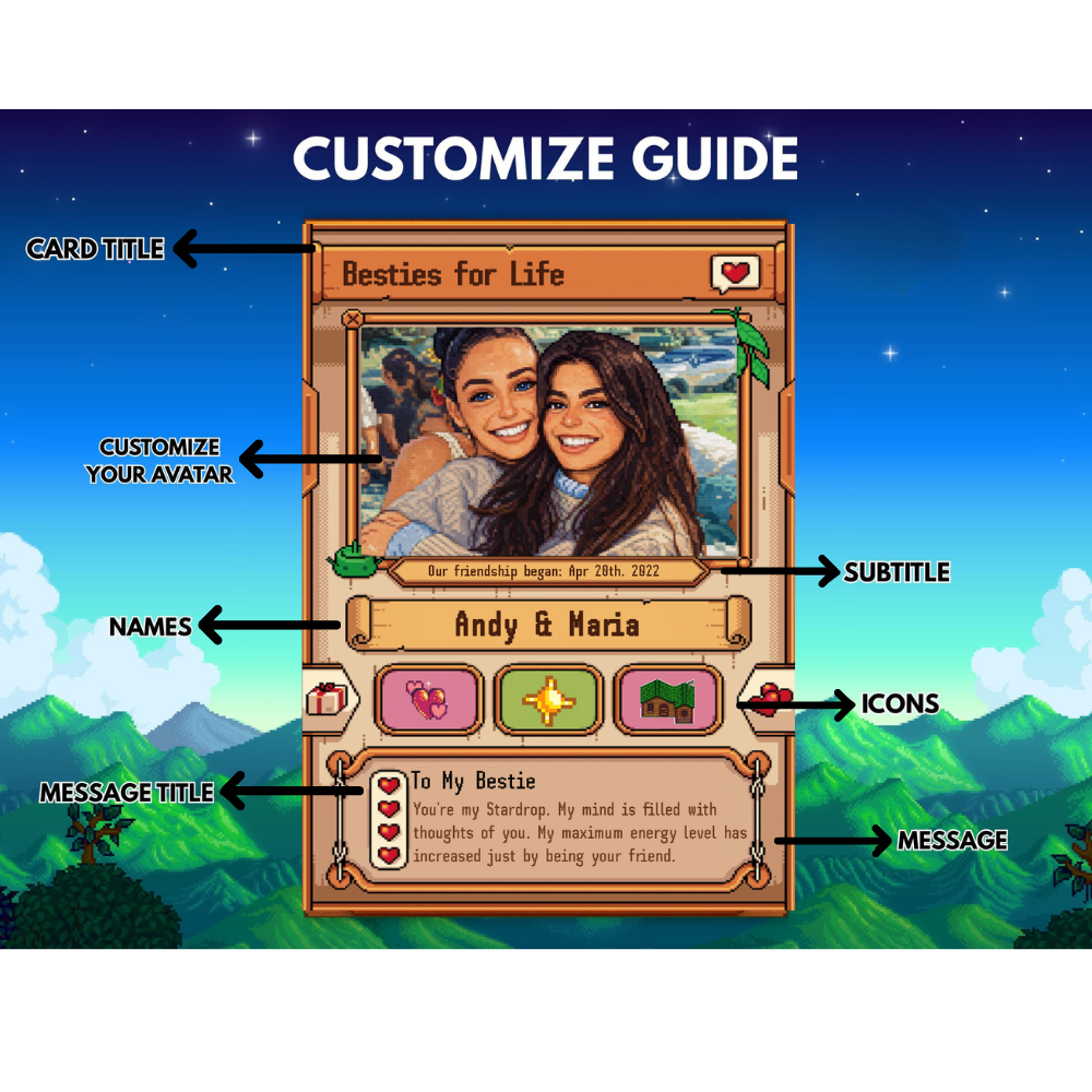 Individuelle Stardew Valley-Karte – Personalisierte Jahrestagsgeschenke für Paare – Geschenk zum Hochzeitstag – Geschenk für Sie und Ihn – Geschenk für Landwirtschafts-Gamer