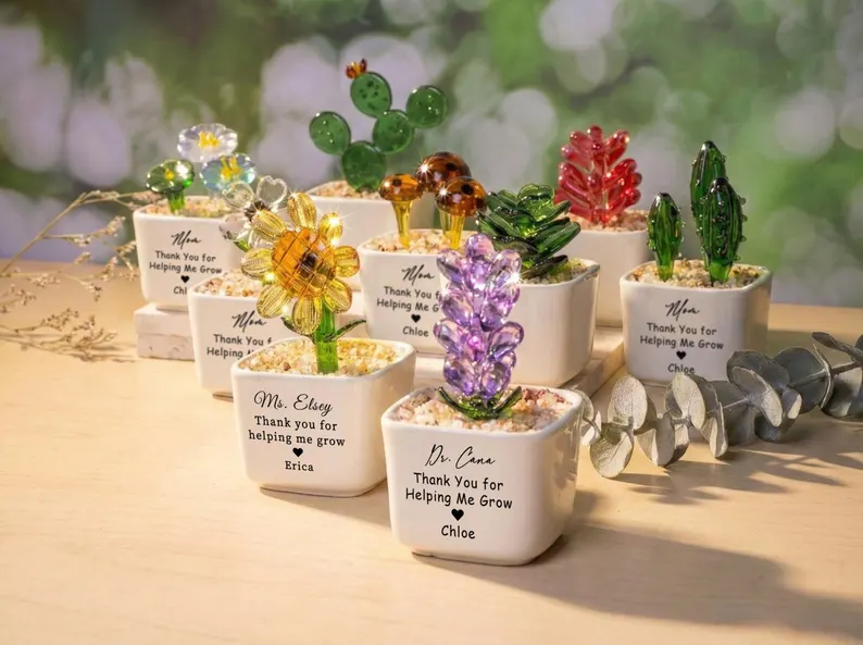 Stained Glass Sunflower Custom Potted Plant, Mom Gift, Thank You for Helping Me Grow, Teacher Appreciation, Succulent Cactus Figurine