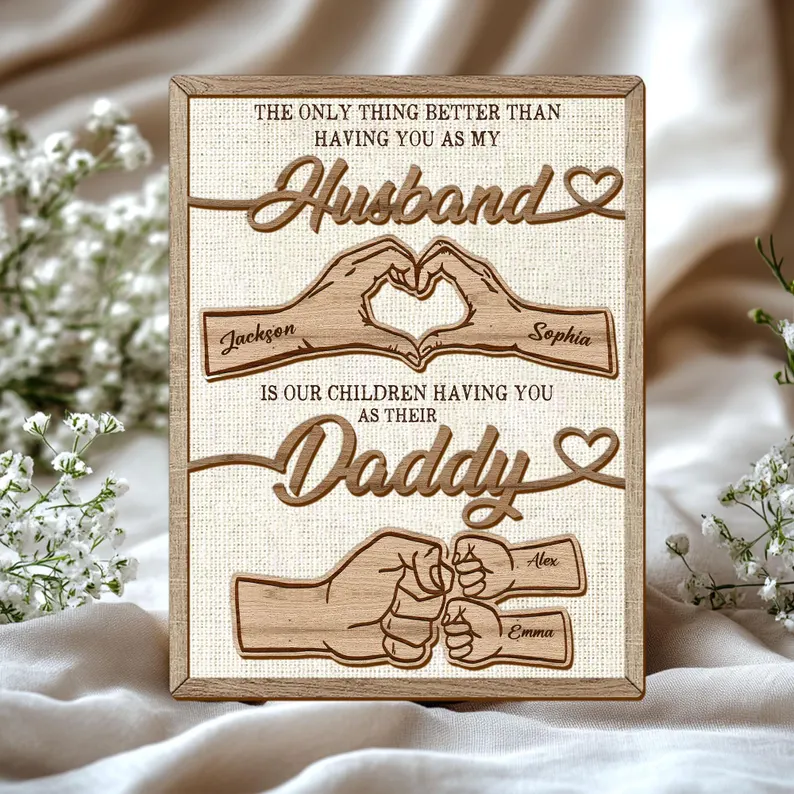 Personalized Dad Wooden Plaque, Custom Kid's Name Wooden Sign, Fist Bump Husband Wood Sign, Father's Day Gift For Dad, Husband, Him