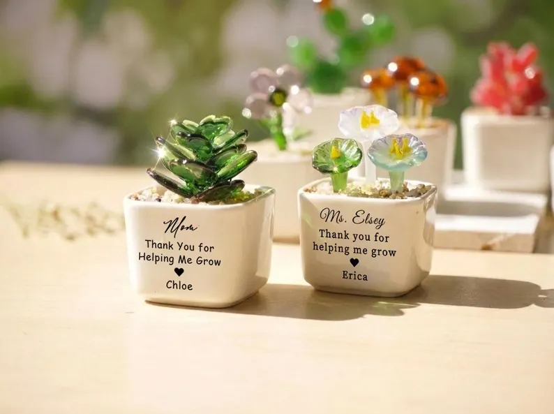 Stained Glass Sunflower Custom Potted Plant, Mom Gift, Thank You for Helping Me Grow, Teacher Appreciation, Succulent Cactus Figurine