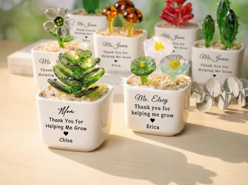 Stained Glass Sunflower Custom Potted Plant, Mom Gift, Thank You for Helping Me Grow, Teacher Appreciation, Succulent Cactus Figurine