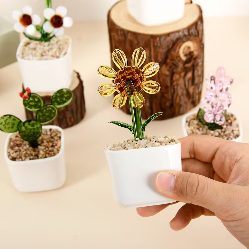 Handmade Glass Flower Pots,Mini Glass Plants,Mother's Day Gift,Housewarming Gift,Potted Plant Enthusiasts,Thank You for Helping Me Grow