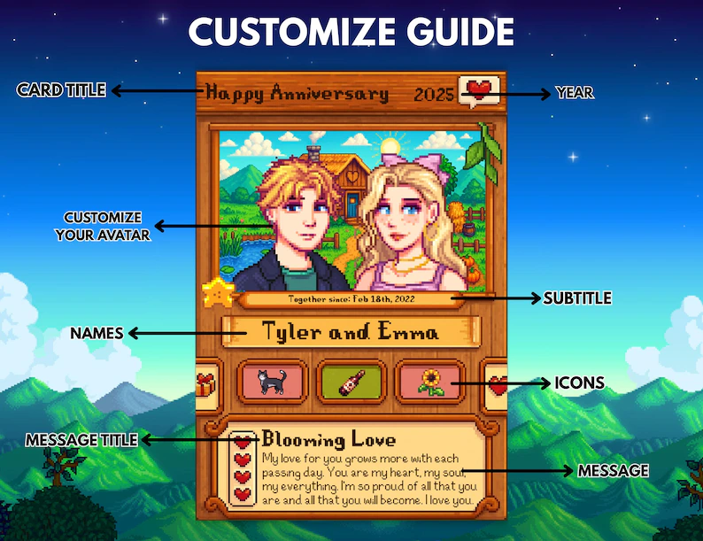 Individuelle Stardew Valley-Karte, personalisierte Jubiläumskarte, Geschenk für Paare, Geschenk zum Hochzeitstag, Geschenk für Sie oder Ihn, einzigartiges Geburtstagsgeschenk