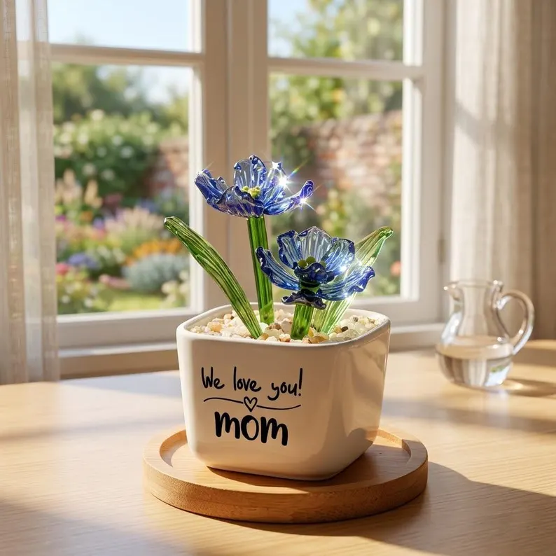 Custom Stained Glass Potted Plant,Handmade Birth Glass Flower Potted,Mother's Day Gift For Mom,Thank You for Helping Me Grow,Gift for mom
