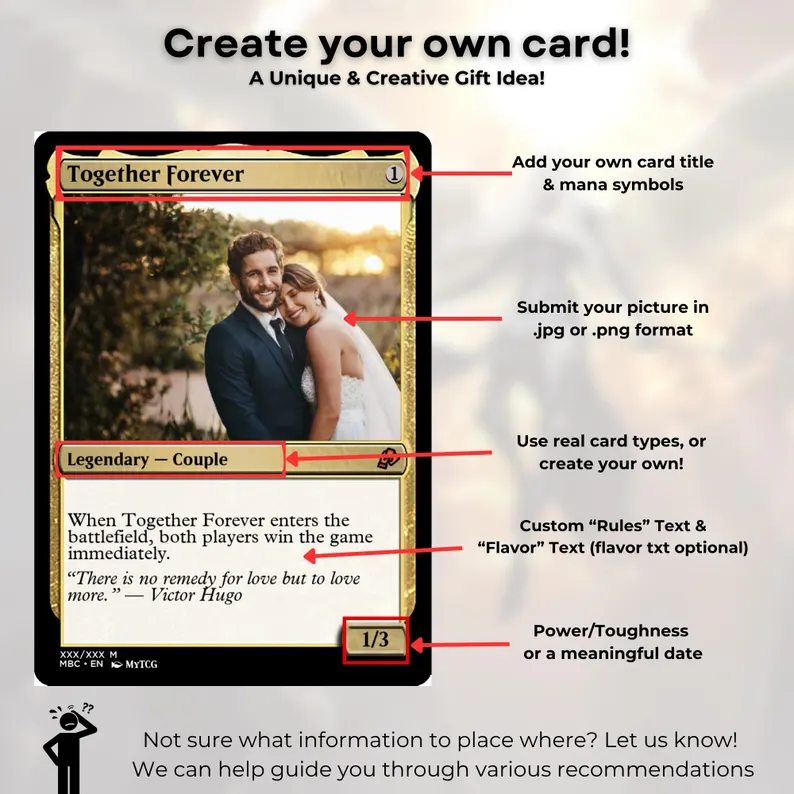 Custom Handmade MTG Style Trading Card: Personalized Anniversary, Wedding, Pet, Fathers Day, Mothers Day, Birthday, Gift.
