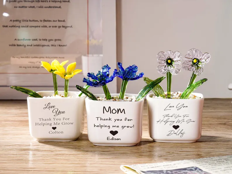 Custom Stained Glass Potted Plant,Handmade Birth Glass Flower Potted,Mother's Day Gift For Mom,Thank You for Helping Me Grow,Gift for mom