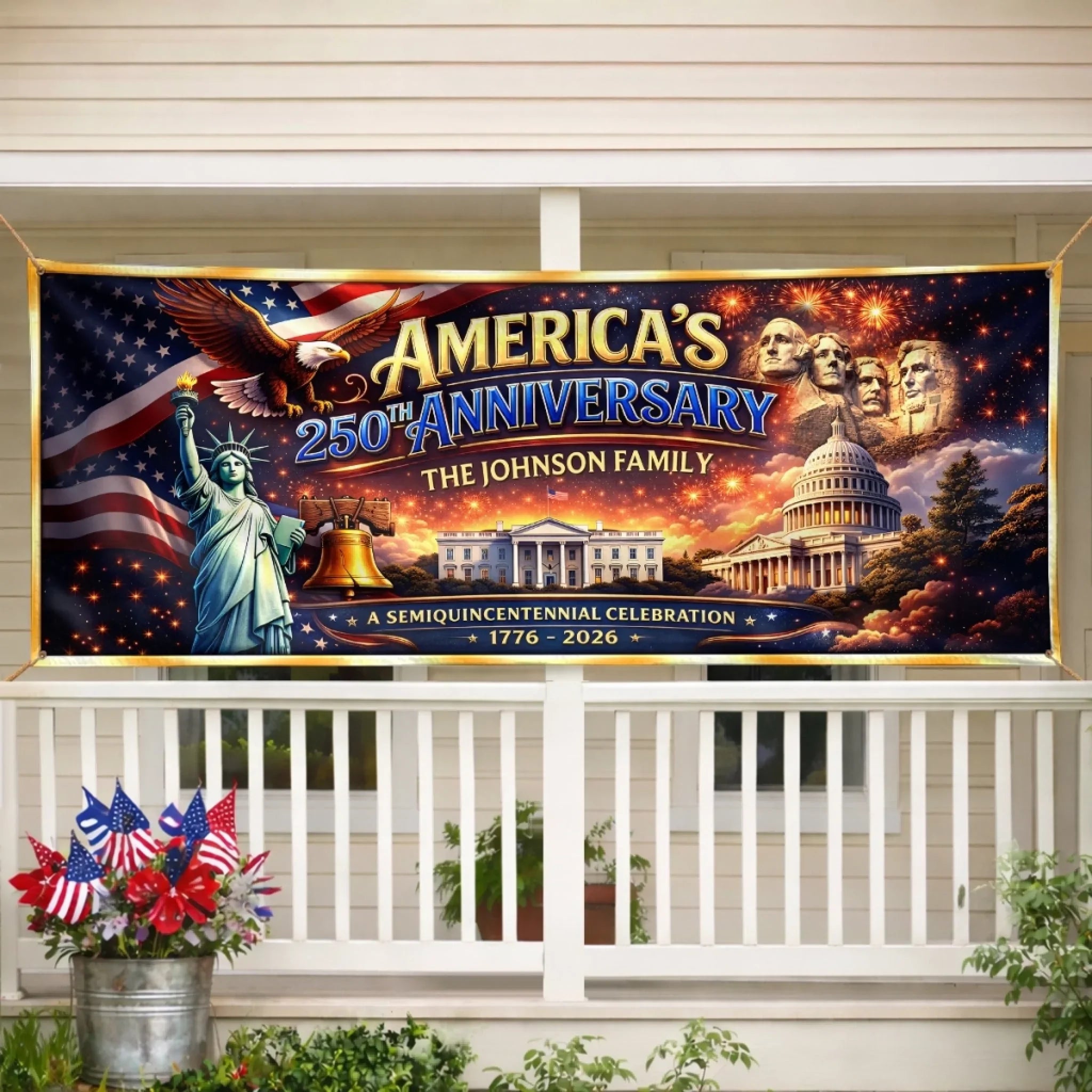 Custom Polyester Outdoor Banner - Personalized America 250th Anniversary Gifts For Mom, Dad, Brother, Sister, Kids - Freedom And The American Dream