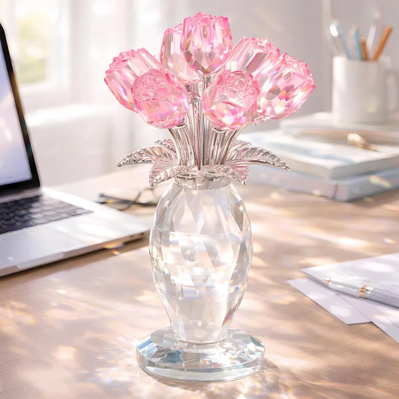 Crystal Glass Rose Flower Ornament, Glass Rose Bouquet Decor, Romantic Gift for Her Mom, Anniversary Birthday, Valentine’s Day Home Decor