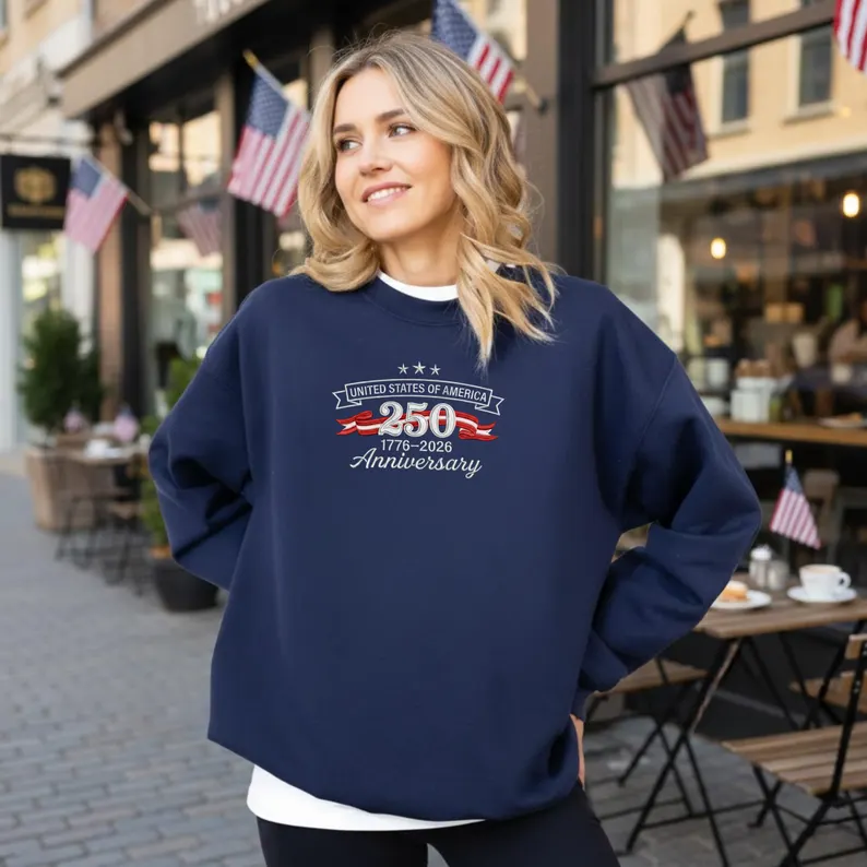 Embroidered 250th Anniversary USA Shirt 1776-2026, Mens USA Sweatshirt, Patriotic 250 Anniversary Crewneck, Women Fourth of July Sweatshirt