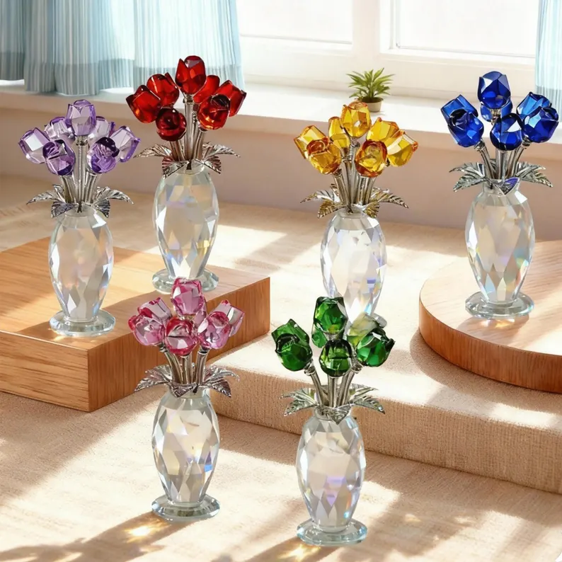Crystal Glass Rose Flower Ornament, Glass Rose Bouquet Decor, Romantic Gift for Her Mom, Anniversary Birthday, Valentine’s Day Home Decor