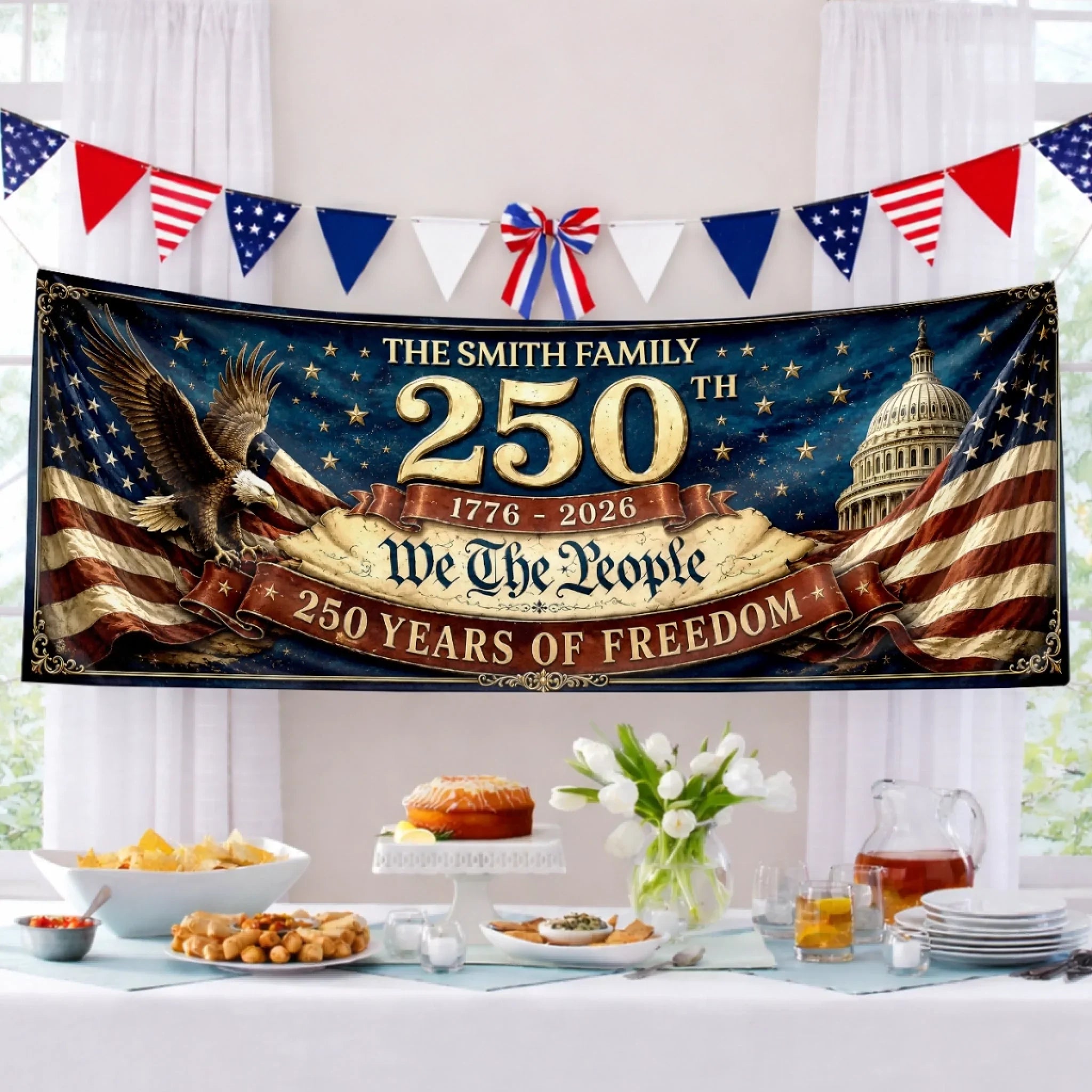 Custom Outdoor Banner - Personalized America 250th Anniversary Gifts For Mom, Dad, Brother, Sister, Kids - Land Of The Free, Home Of The Brave