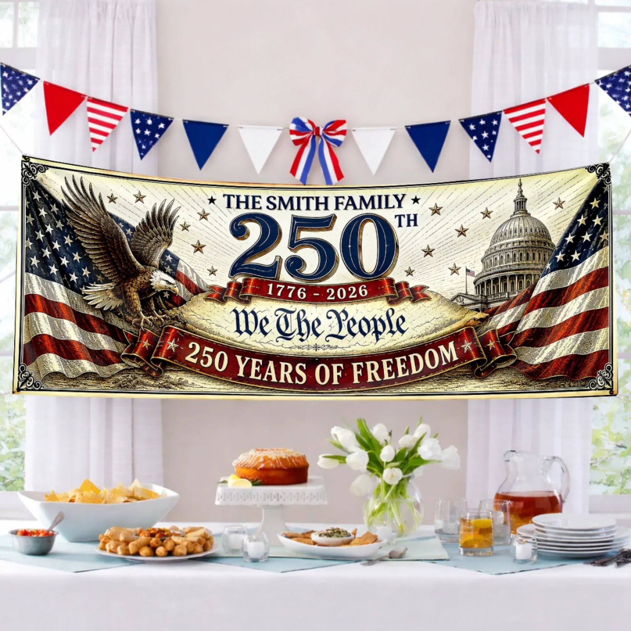 Custom Polyester Outdoor Banner - Personalized America 250th Anniversary Gifts For Mom, Dad, Brother, Sister, Kids - Made Of Freedom And American Spirit