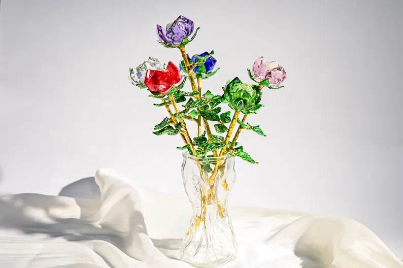 Crystal Glass Rose Bouquet Valentine's Gift, Handmade Crystal Flower for Holiday Home Décor, Crystal Glass Flower Gift for Mother's Day, anniversary, birthday,Wedding Anniversary Display
