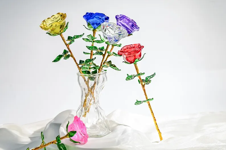 Crystal Glass Rose Bouquet Valentine's Gift, Handmade Crystal Flower for Holiday Home Décor, Crystal Glass Flower Gift for Mother's Day, anniversary, birthday,Wedding Anniversary Display