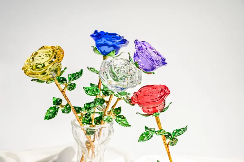 Crystal Glass Rose Bouquet Valentine's Gift, Handmade Crystal Flower for Holiday Home Décor, Crystal Glass Flower Gift for Mother's Day, anniversary, birthday,Wedding Anniversary Display