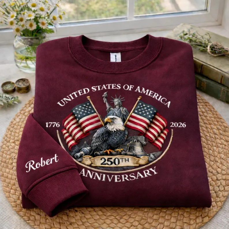 Personalized USA 250th Anniversary Embroidered Sweatshirt, America Flag 1776 - 2026 Shirt, 4th of July Patriotic Eagle Hoodie, Gift For Her