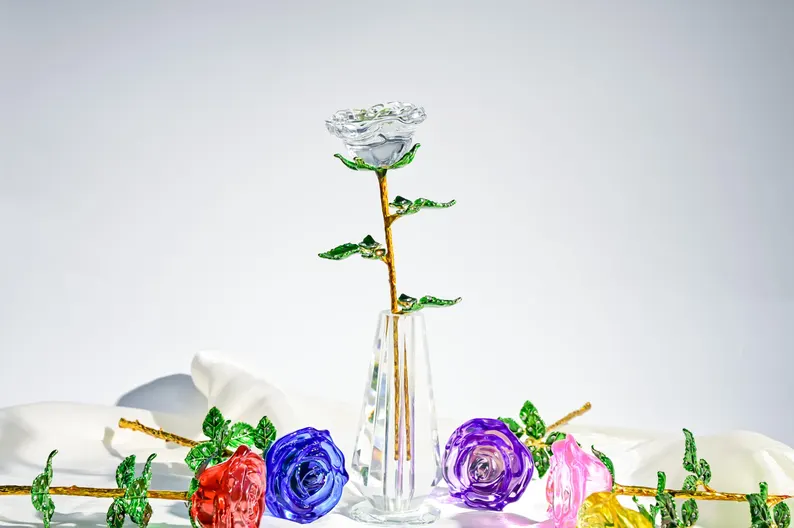 Crystal Glass Rose Bouquet Valentine's Gift, Handmade Crystal Flower for Holiday Home Décor, Crystal Glass Flower Gift for Mother's Day, anniversary, birthday,Wedding Anniversary Display