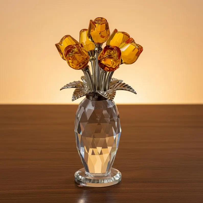 Crystal Glass Rose Flower Ornament, Glass Rose Bouquet Decor, Romantic Gift for Her Mom, Anniversary Birthday, Valentine’s Day Home Decor