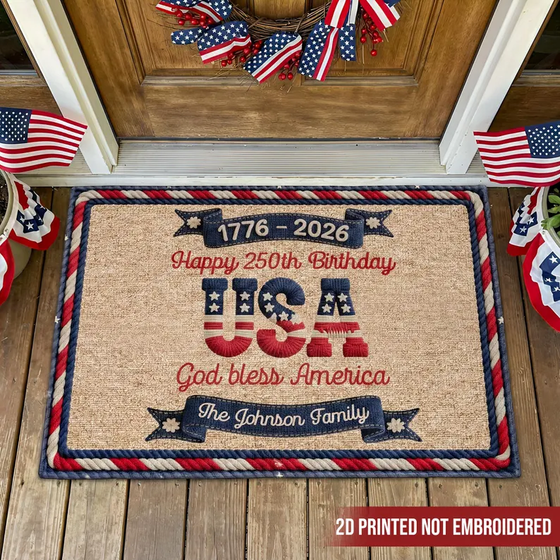 USA 250th Birthday Faux Yarn Pattern, Custom Family Name Patriotic America Decor