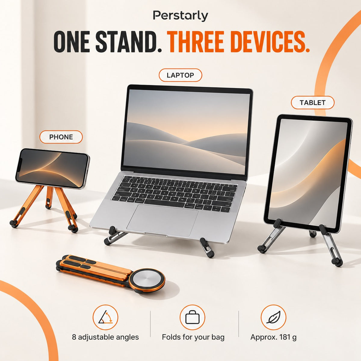 One MagFold stand in phone, tablet and laptop configurations