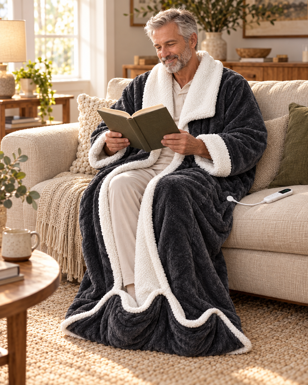 A relaxed moment in the Perstarly wearable blanket