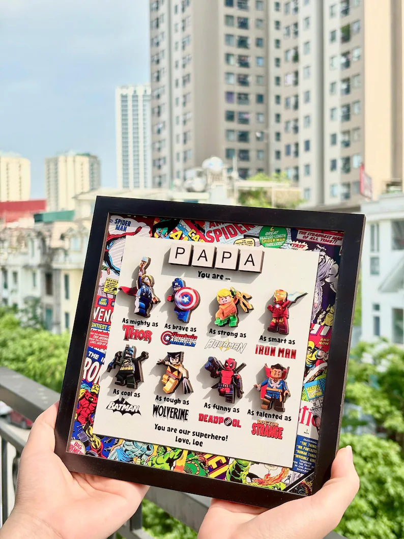 Custom Superhero Frame for Dad, LEGO Minifigure Gift, Father's Day Decor from Kids, Comic Book Frame, Unique Personalized Dad Gift