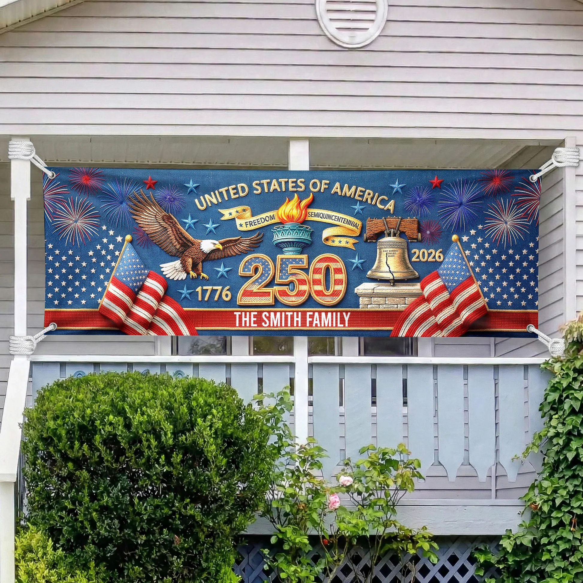 Custom Polyester Outdoor Banner - Personalized America 250th Anniversary Gifts For Mom, Dad, Brother, Sister, Kids - Celebrating Freedom And Family