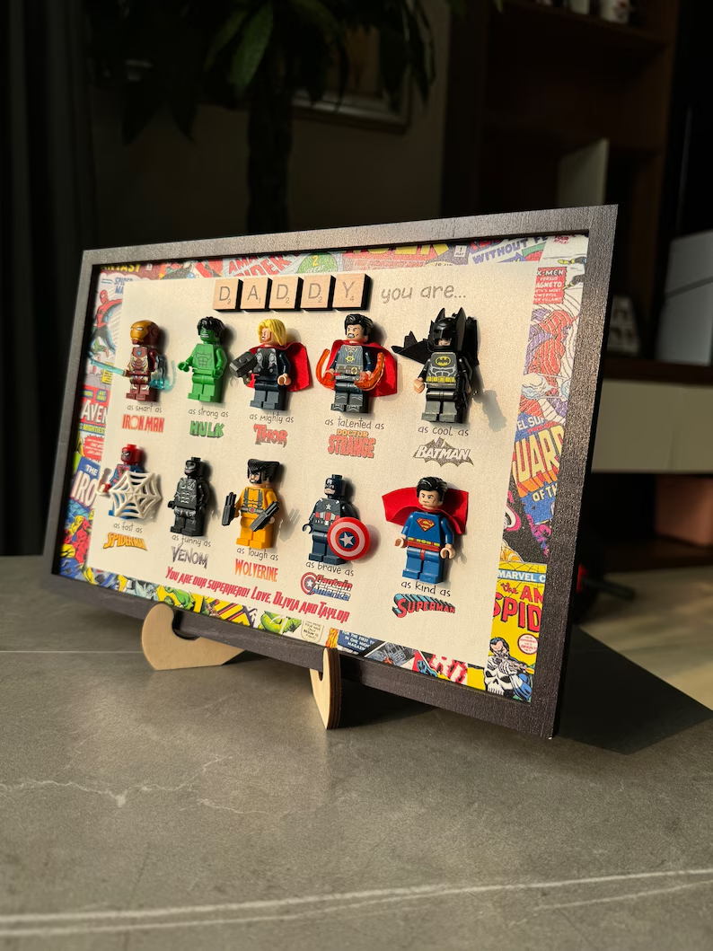 Custom Superhero Frame for Dad, LEGO Minifigure Gift, Father's Day Decor from Kids, Comic Book Frame, Unique Personalized Dad Gift