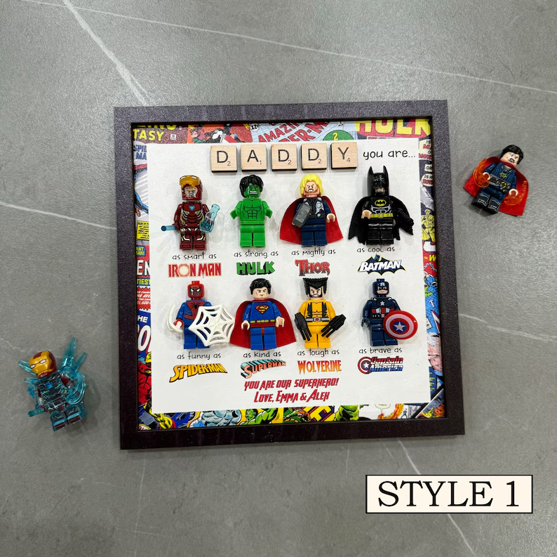 Custom Superhero Frame for Dad, LEGO Minifigure Gift, Father's Day Decor from Kids, Comic Book Frame, Unique Personalized Dad Gift
