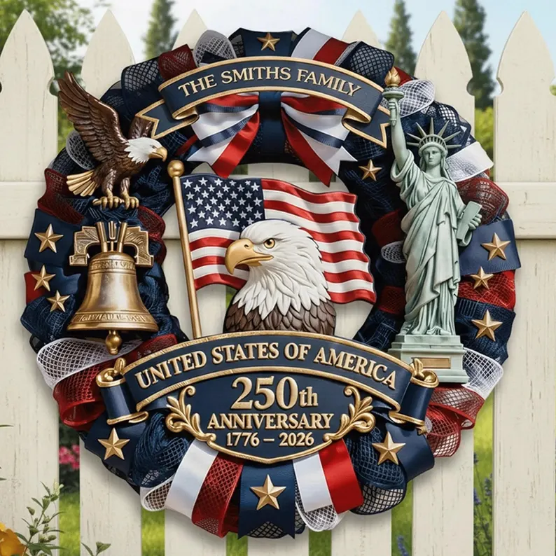 Personalized America 250th Anniversary Wood Wreath 1776-2026 Patriotic Door Sign Semiquincentennial Family Name Decor