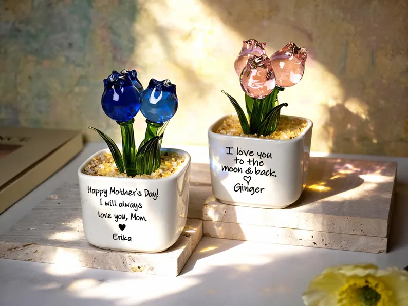 Glass Everlasting Tulips, Mom Flower Gift, Hand Blown Glass Potted, Mothers Day Gifts
