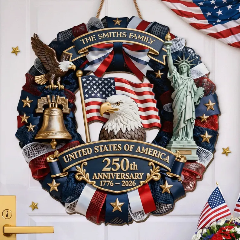 Personalized America 250th Anniversary Wood Wreath 1776-2026 Patriotic Door Sign Semiquincentennial Family Name Decor