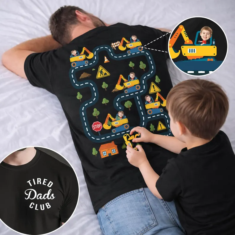 Tired Dads Club Construction Car Track Shirt, Personalized Kid Face Father Day Gift For Dad, Playing Car On Daddy Back, Car Race Track