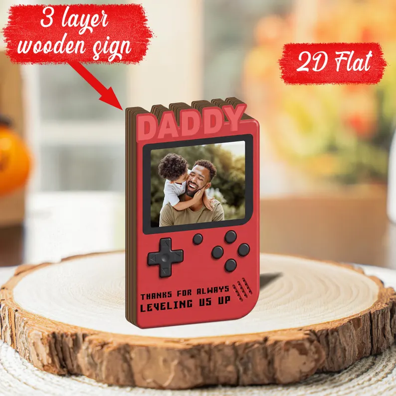 Personalized Fathers Day Gift for Gamer Dad, Custom Photo Dad Frame, Retro Game Console Photo Wooden Block Sign, Game Lover Room Decor